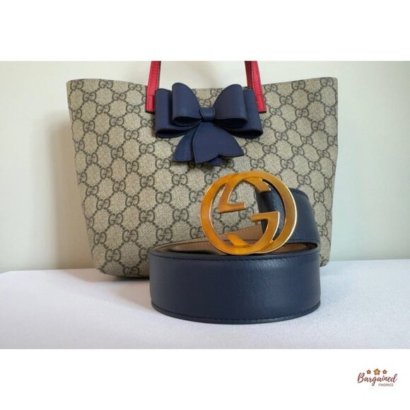 Authentic Gucci Blue Leather Gold Interlocking G Buckle Belt 85/34 - Picture 12 of 13